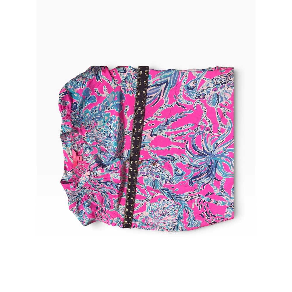 Lilly Pulitzer Elsa Silk Top Pink Blue Floral Coral Smocked Blouse XL - Picture 4 of 4
